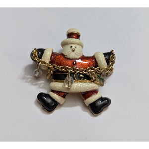 Vintage Santa Claus Enamel Brooch Pin Christmas Holiday Gold Chain Dangle Charms